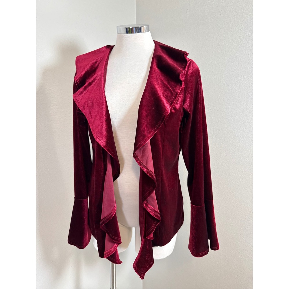 Notations Y2K Burgundy Velvet Ruffle Front Bell Sleeve‎ Open Cardigan Jacket M - Picture 5 of 9
